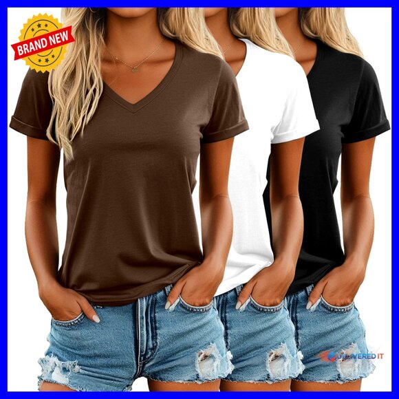 V Neck T-Shirts Loose Fit Rolled Sleeve Casual Summer Tops 3 Pack
